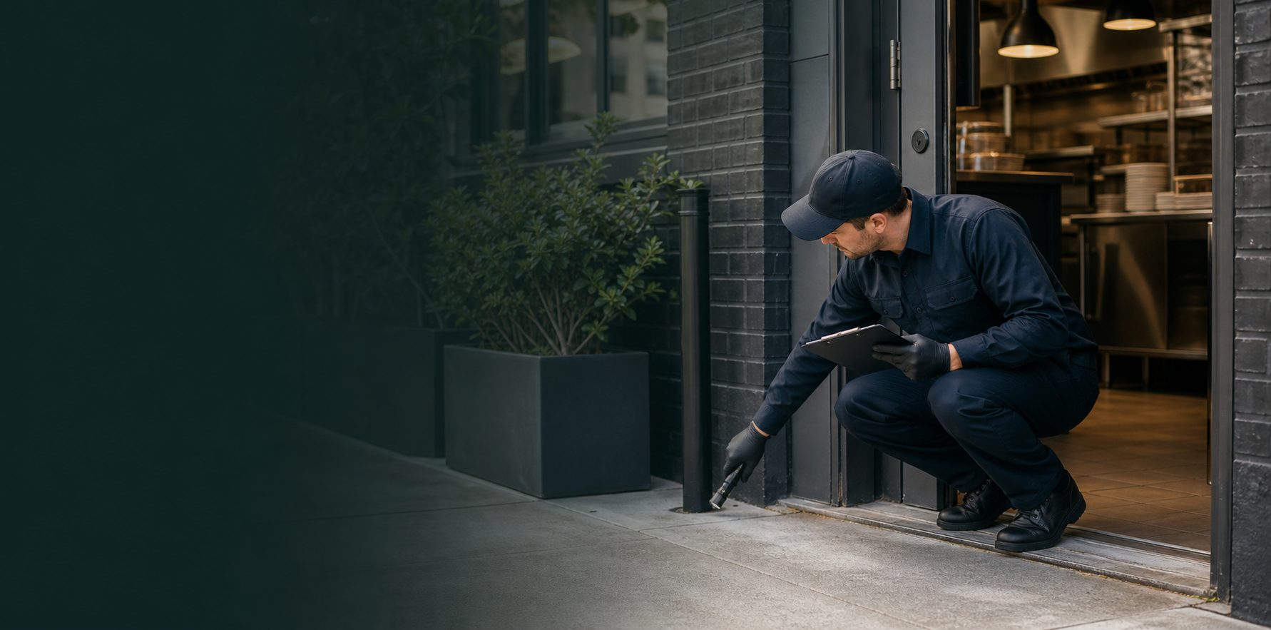 Pest-control technician inspecting a restaurant service entrance
